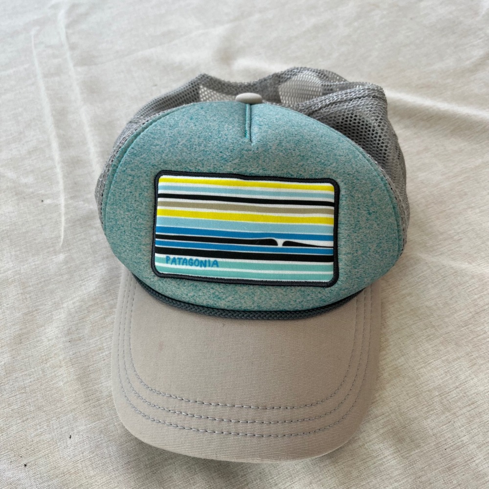 Patagonia Trucker Hat Teal Grey Striped‎ Logo Patch Snapback Mesh Cap